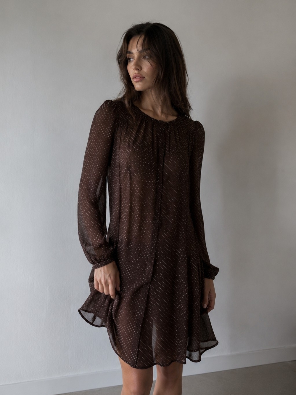 Bandolera Sheer Polka Dot Dress – Chocolate Brown - LIKE NEW